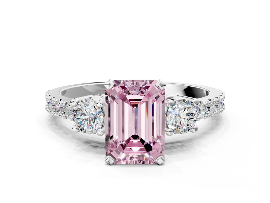 White gold Fancy Pink Emerald  Cut Three-Stone Diamond Pavé Band with Prong Setting_17