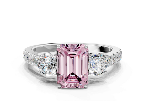 Platinum Fancy Pink Emerald  Cut Diamond Three-Stone Ring with Round Side Stones and Pavé Band