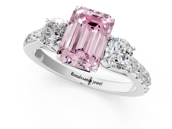 Platinum Fancy Pink Emerald  Cut Diamond Three-Stone Ring with Round Side Stones and Pavé Band