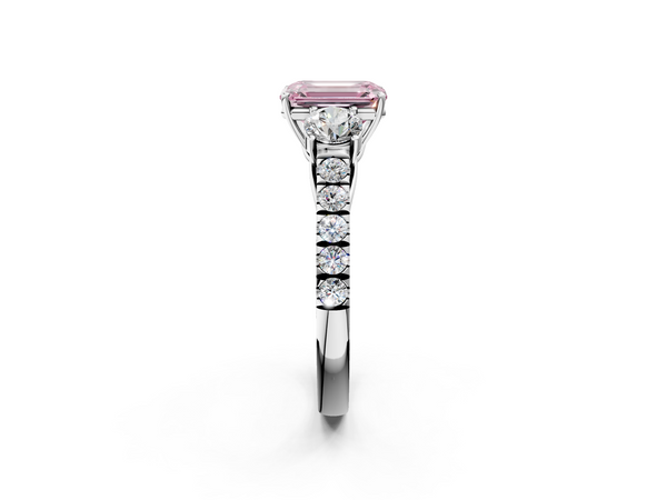 Platinum Fancy Pink Emerald  Cut Diamond Three-Stone Ring with Round Side Stones and Pavé Band