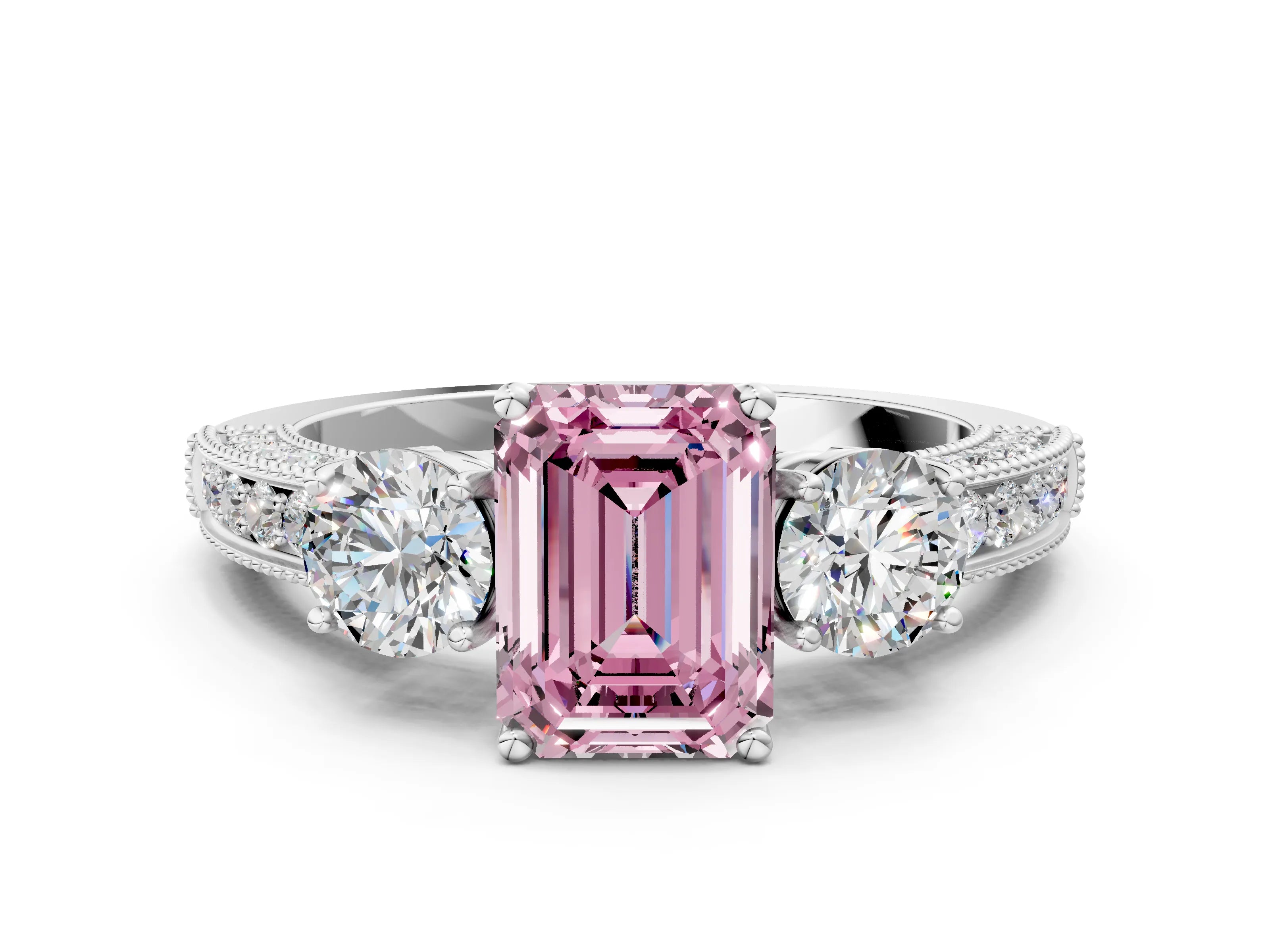 White gold Fancy Pink Emerald Cut Three-Stone Diamond Ring with Pavé Band and Four-Prong Setting_12