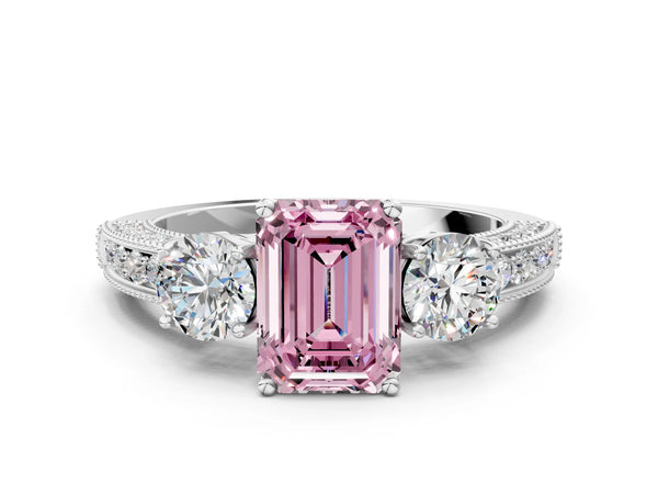White gold Fancy Pink Emerald Cut Three-Stone Diamond Ring with Pavé Band and Four-Prong Setting