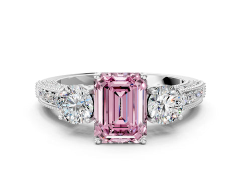 White gold Fancy Pink Emerald Cut Three-Stone Diamond Ring with Pavé Band and Four-Prong Setting_12