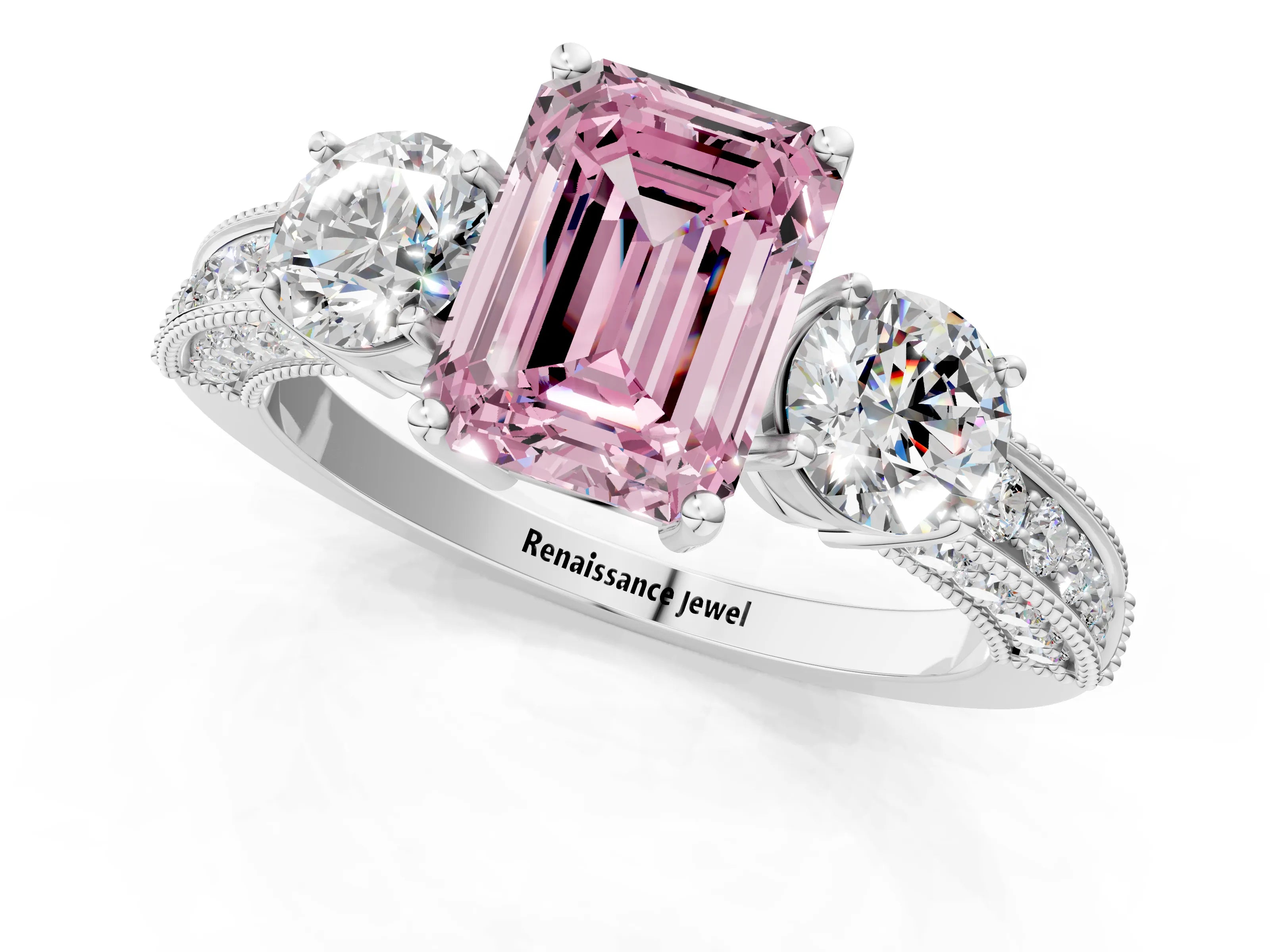 White gold Fancy Pink Emerald Cut Three-Stone Diamond Ring with Pavé Band and Four-Prong Setting_13