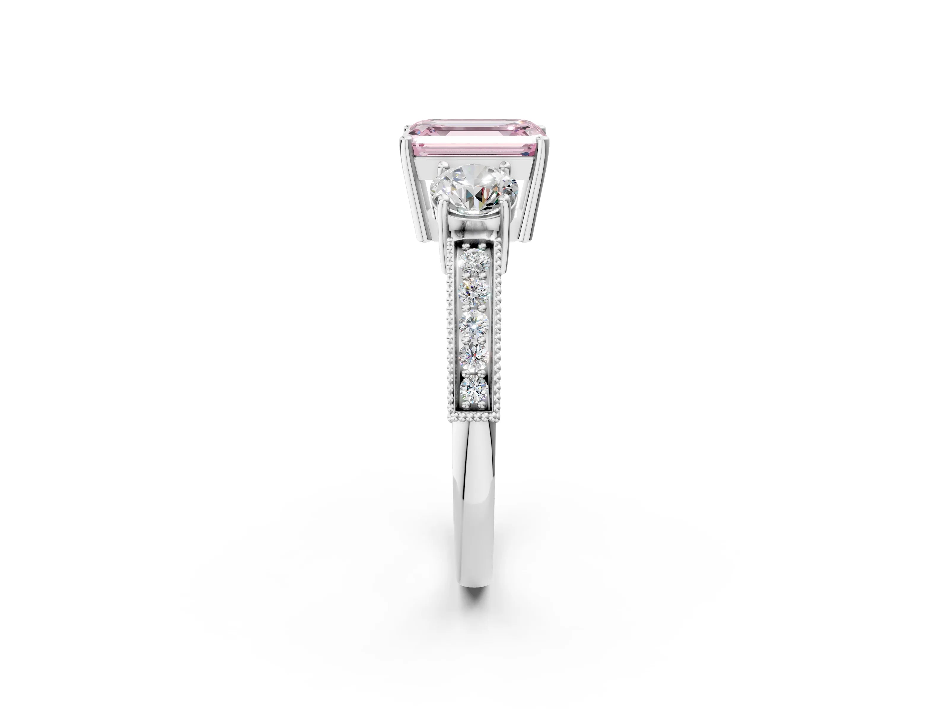 White gold Fancy Pink Emerald Cut Three-Stone Diamond Ring with Pavé Band and Four-Prong Setting_14
