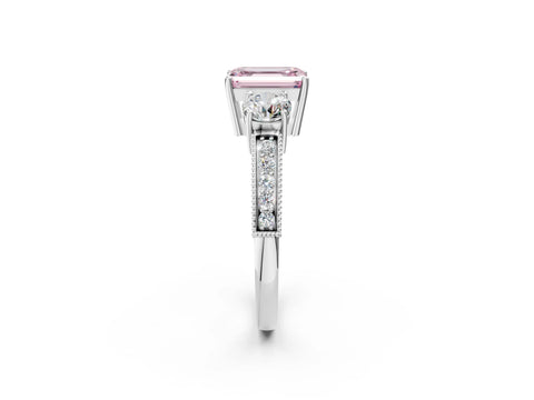 White gold Fancy Pink Emerald Cut Three-Stone Diamond Ring with Pavé Band and Four-Prong Setting_14