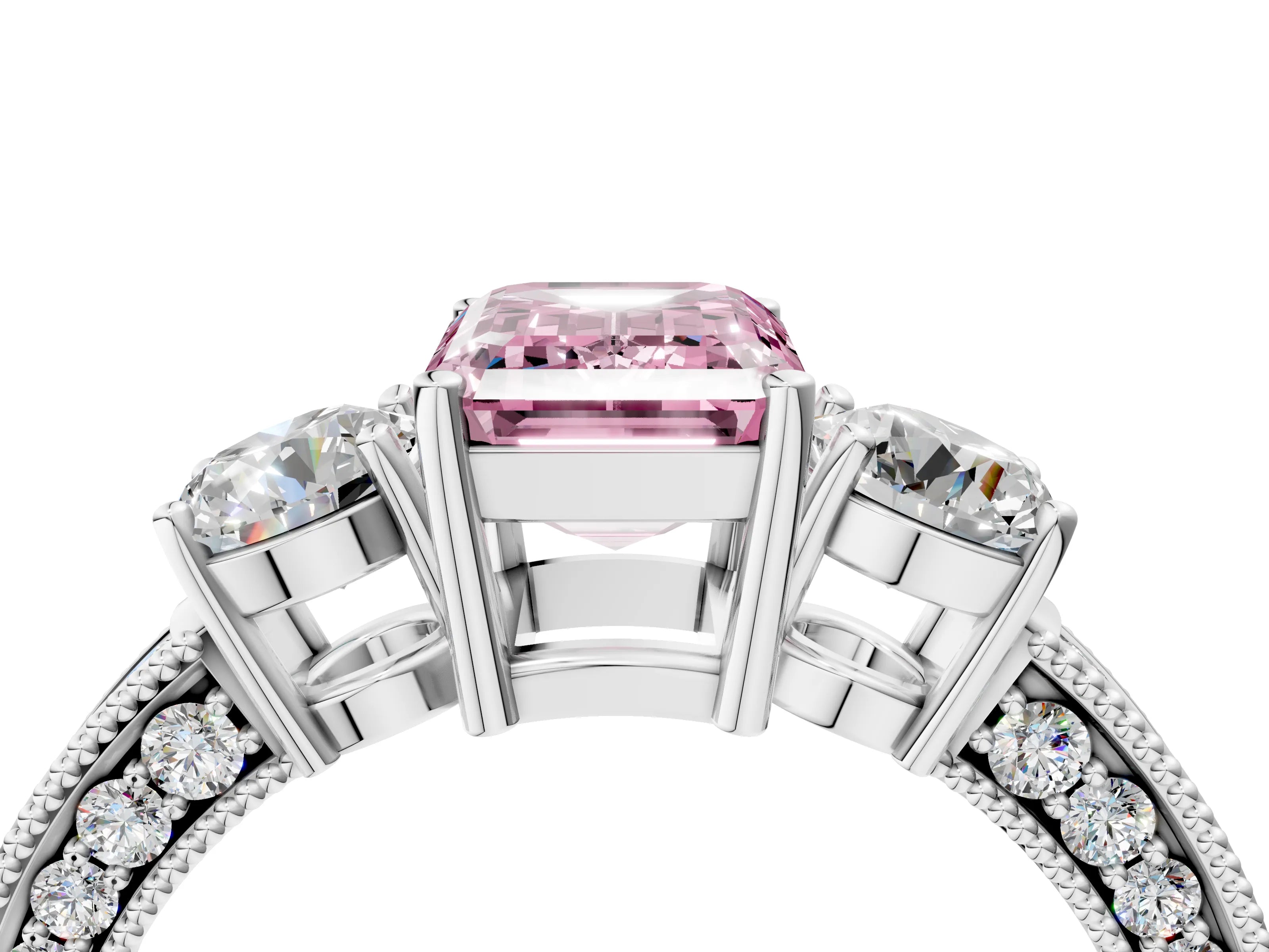 White gold Fancy Pink Emerald Cut Three-Stone Diamond Ring with Pavé Band and Four-Prong Setting_16