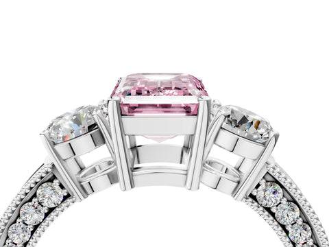 White gold Fancy Pink Emerald Cut Three-Stone Diamond Ring with Pavé Band and Four-Prong Setting_16