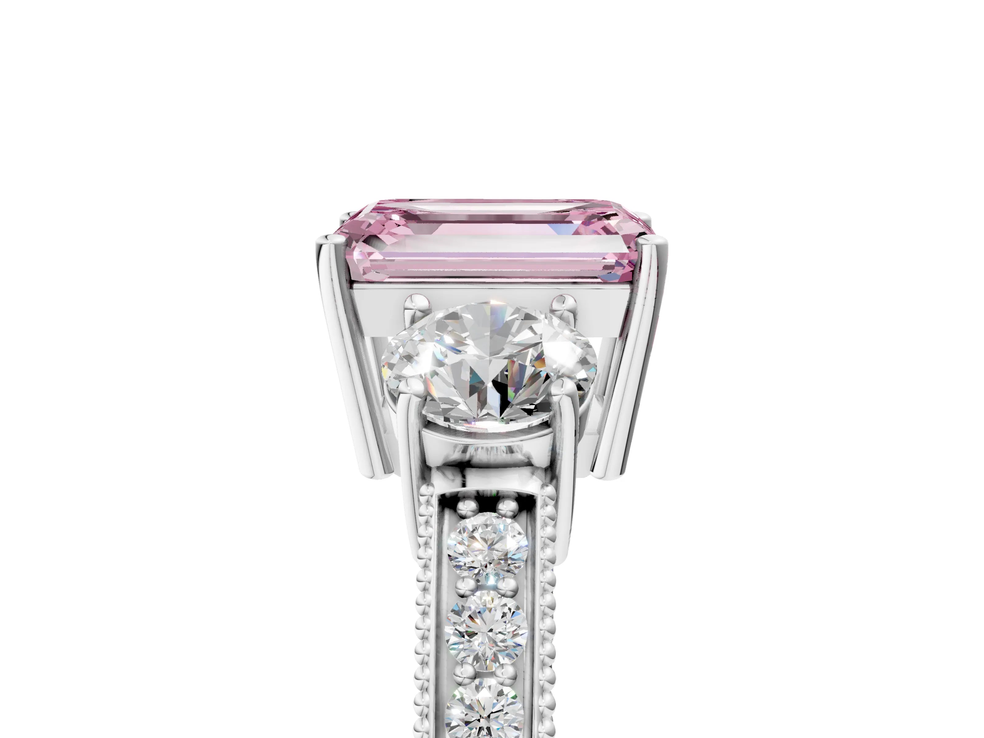 White gold Fancy Pink Emerald Cut Three-Stone Diamond Ring with Pavé Band and Four-Prong Setting_17