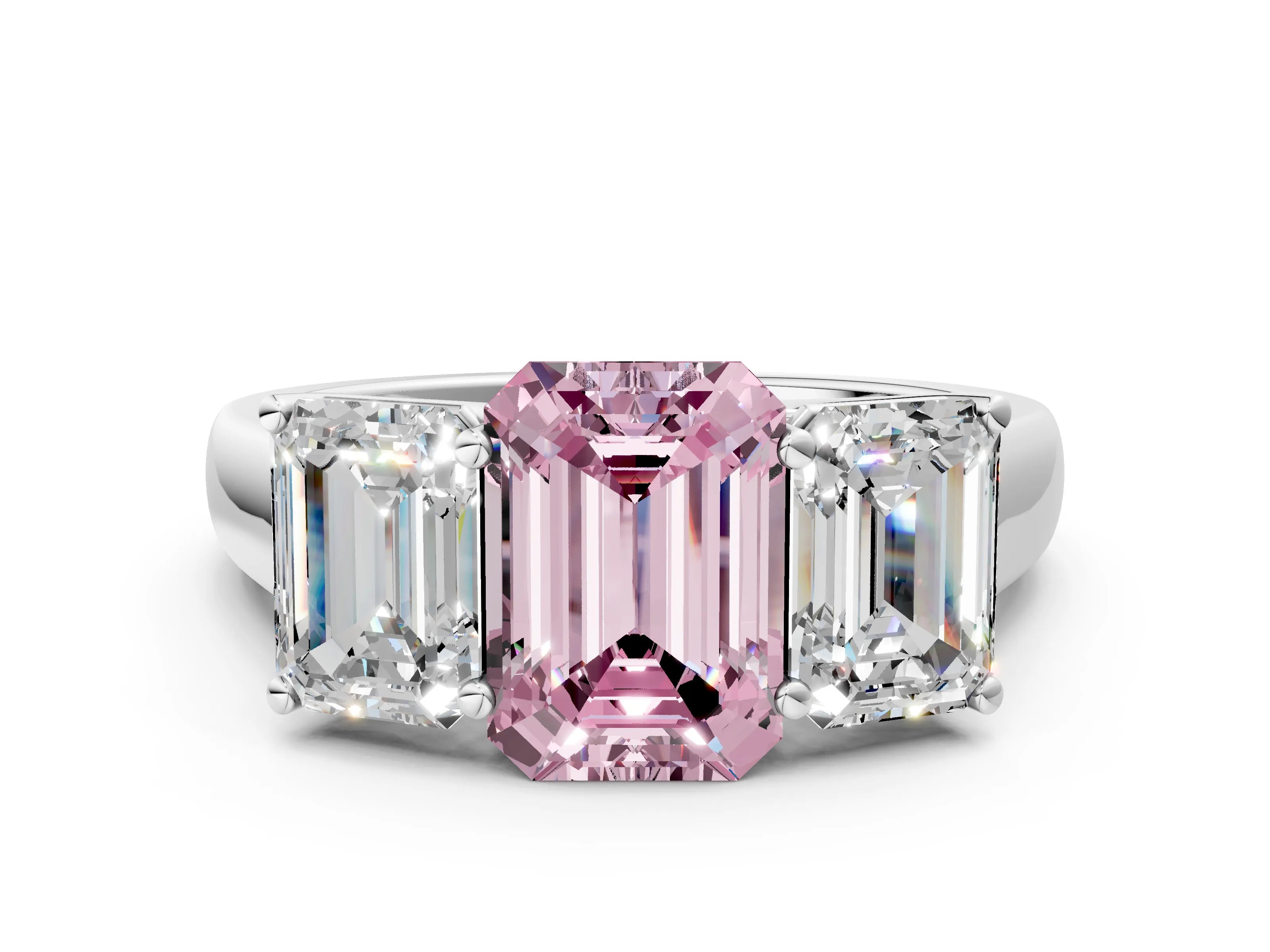 White gold Fancy Pink Emerald Cut Three-Stone Diamond Ring with Prong Setting on a Classic Band