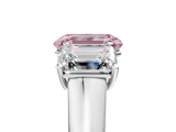 White gold Fancy Pink Emerald Cut Three-Stone Diamond Ring with Prong Setting on a Classic Band_17
