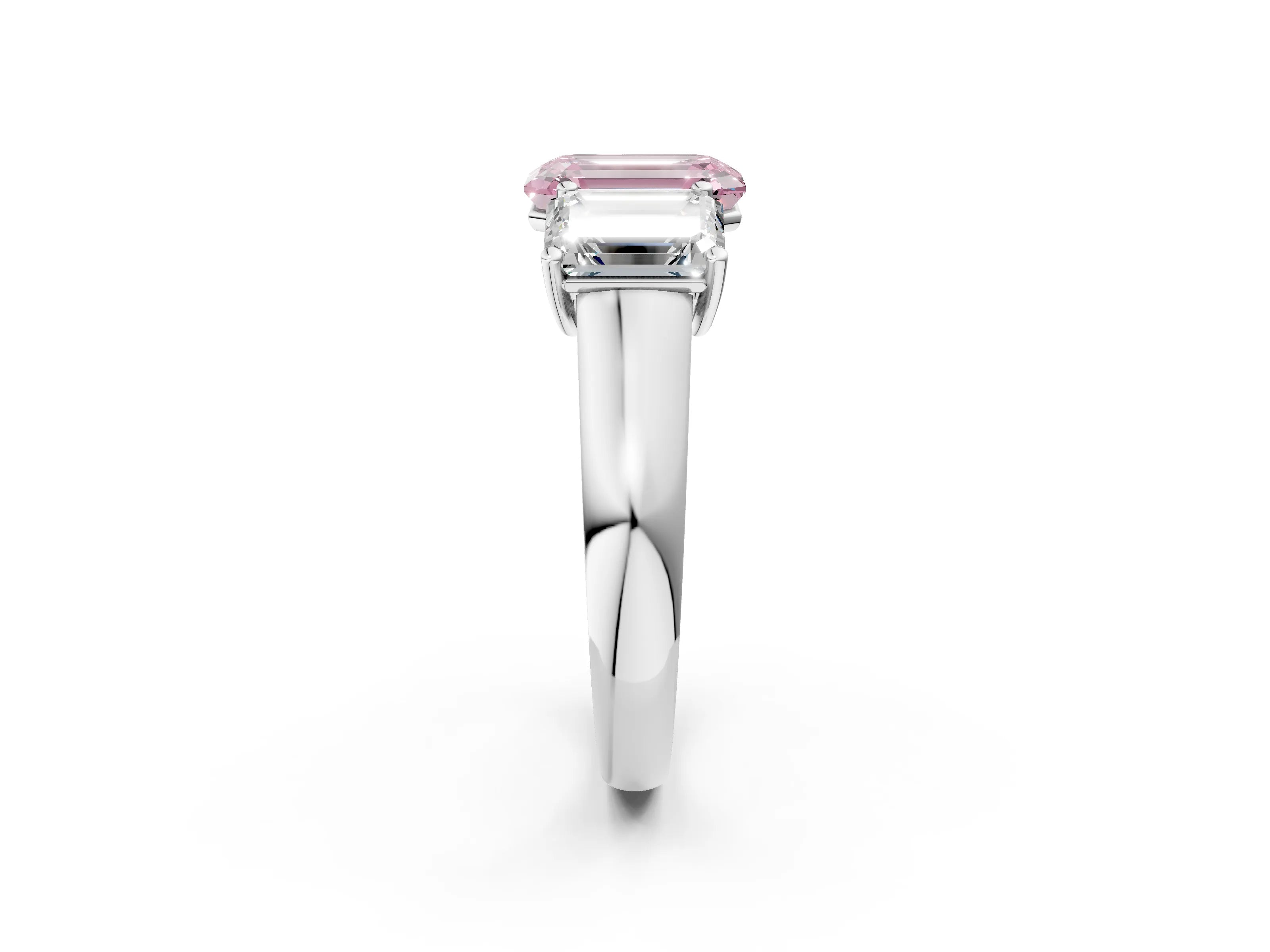 White gold Fancy Pink Emerald Cut Three-Stone Diamond Ring with Prong Setting on a Classic Band_2