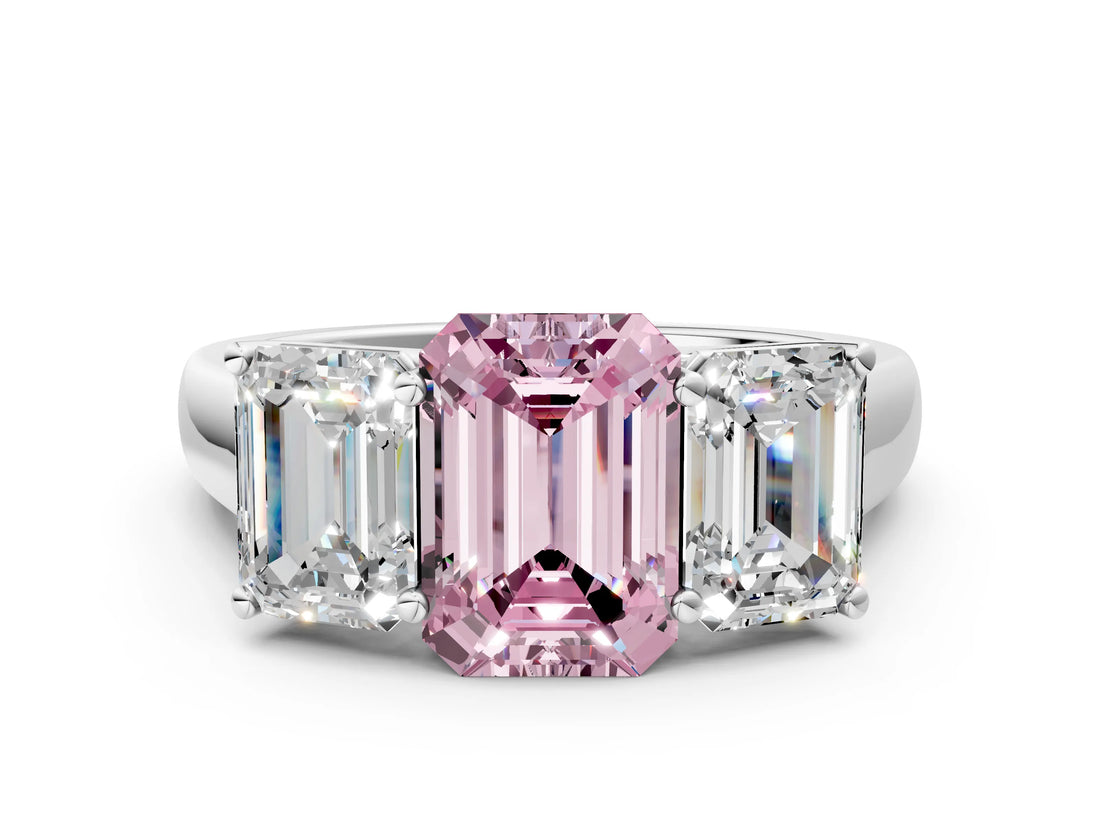 White gold Fancy Pink Emerald Cut Three-Stone Diamond Ring with Prong Setting on a Classic Band_24