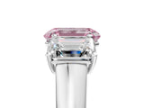 White gold Fancy Pink Emerald Cut Three-Stone Diamond Ring with Prong Setting on a Classic Band_29