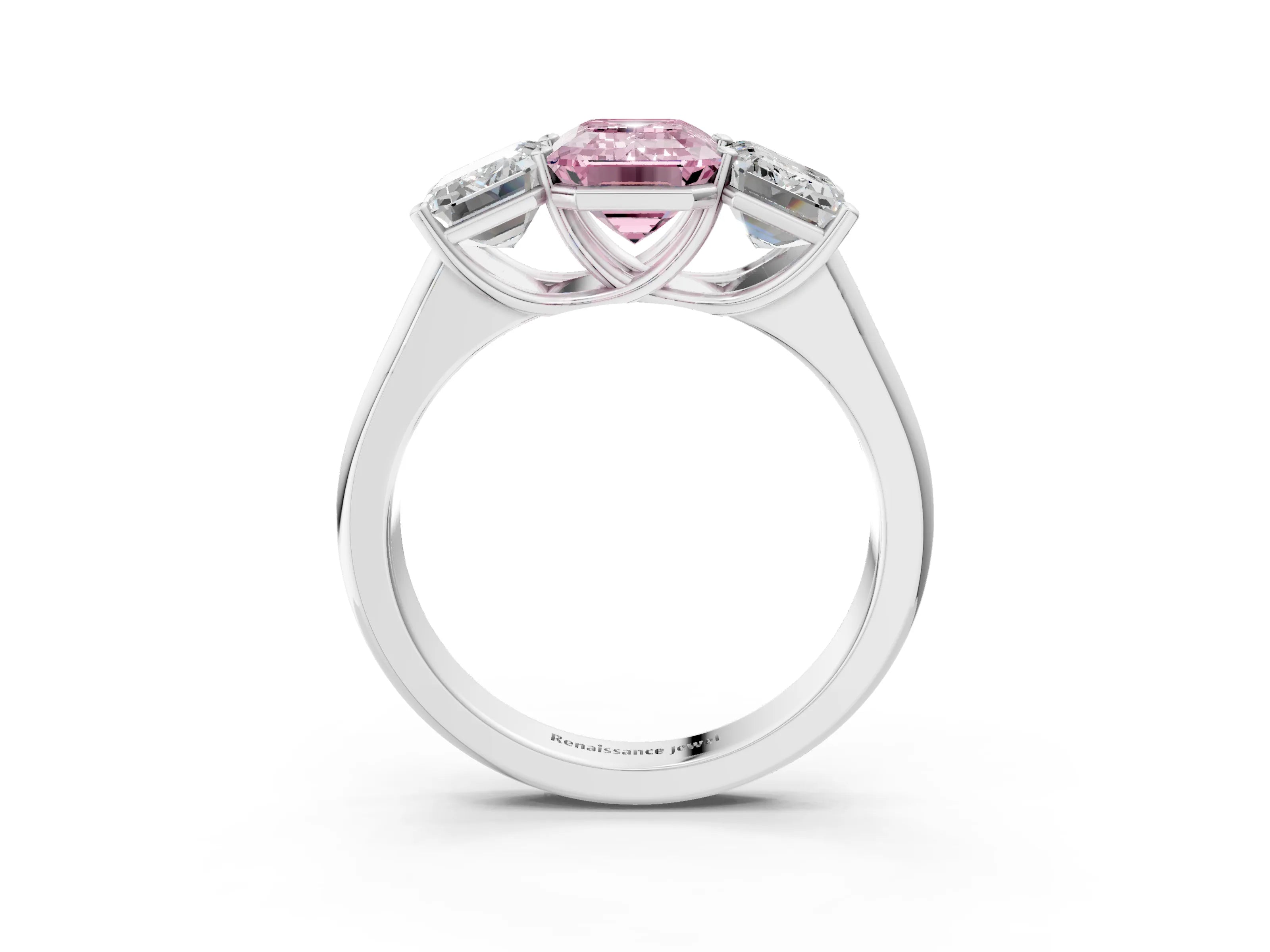 White gold Fancy Pink Emerald Cut Three-Stone Diamond Ring with Prong Setting on a Classic Band_3