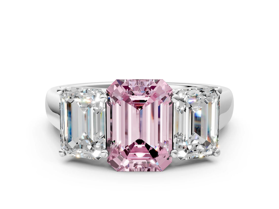 White gold Fancy Pink Emerald Cut Three-Stone Diamond Ring with Prong Setting on a Classic Band_30