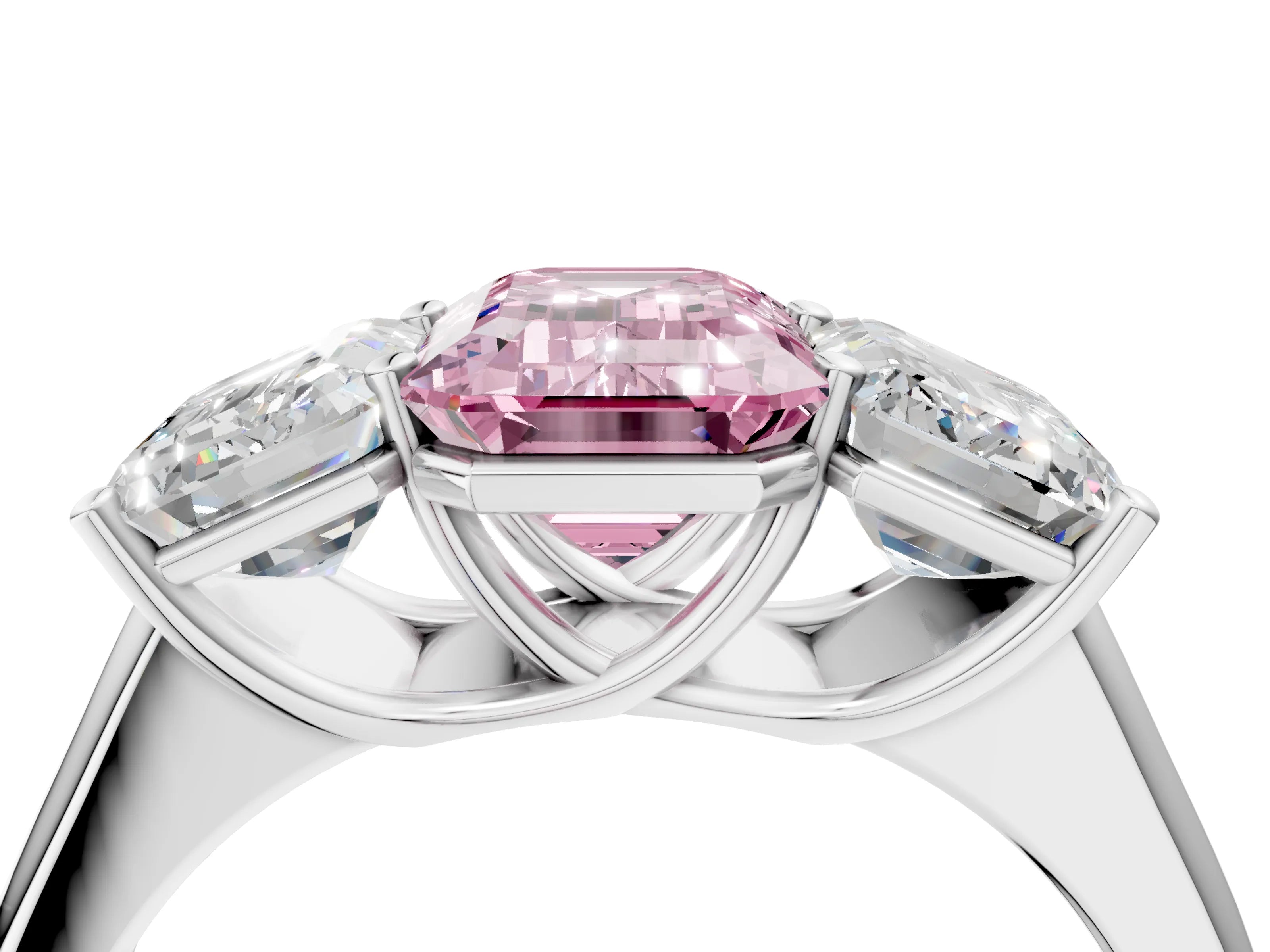 White gold Fancy Pink Emerald Cut Three-Stone Diamond Ring with Prong Setting on a Classic Band_4