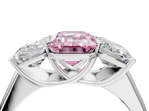 White gold Fancy Pink Emerald Cut Three-Stone Diamond Ring with Prong Setting on a Classic Band_4