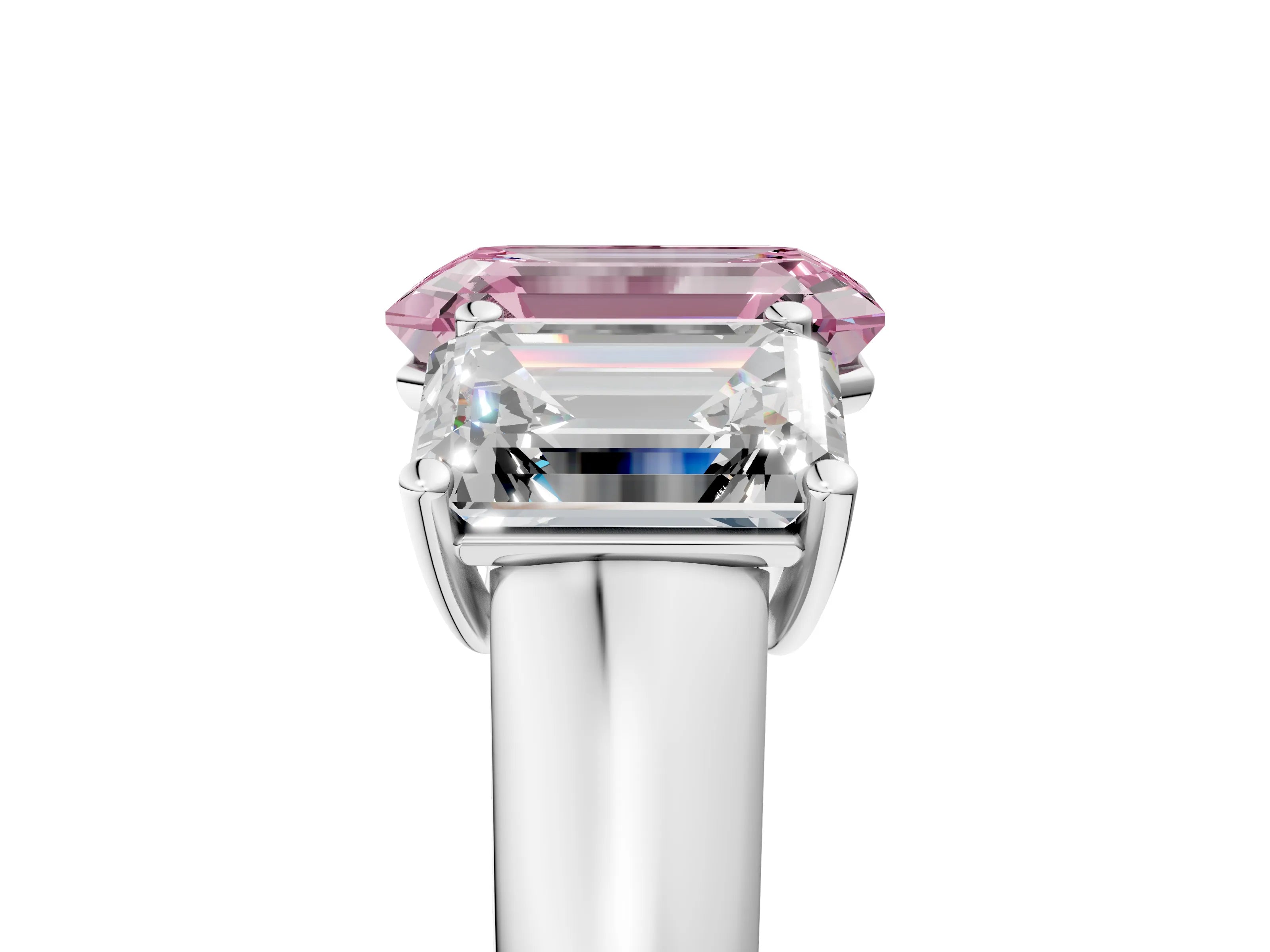 White gold Fancy Pink Emerald Cut Three-Stone Diamond Ring with Prong Setting on a Classic Band_5