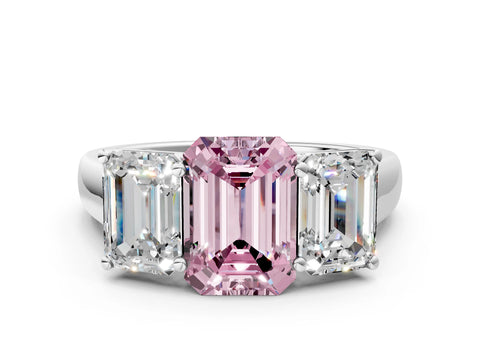 White gold Fancy Pink Emerald Cut Three-Stone Diamond Ring with Prong Setting on a Classic Band