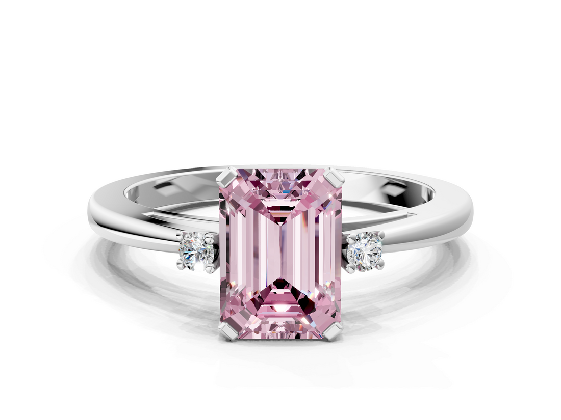 White gold Fancy Pink Emerald  Cut Three-Stone Solitaire Ring with Round Accent Diamonds and Four-Prong Setting_20