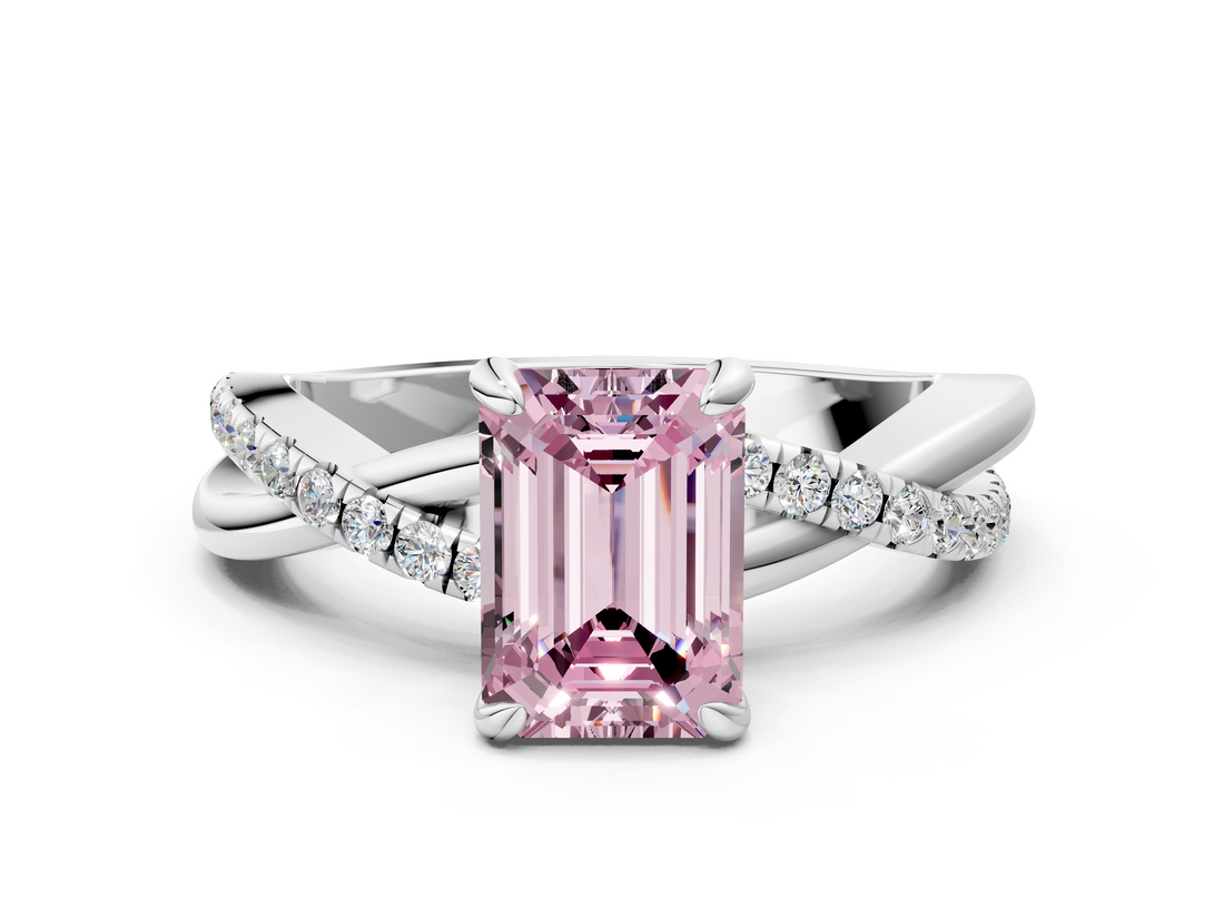 White gold Fancy Pink Emerald  Cut Twist Band Solitaire Diamond Ring with Pavé Setting_3