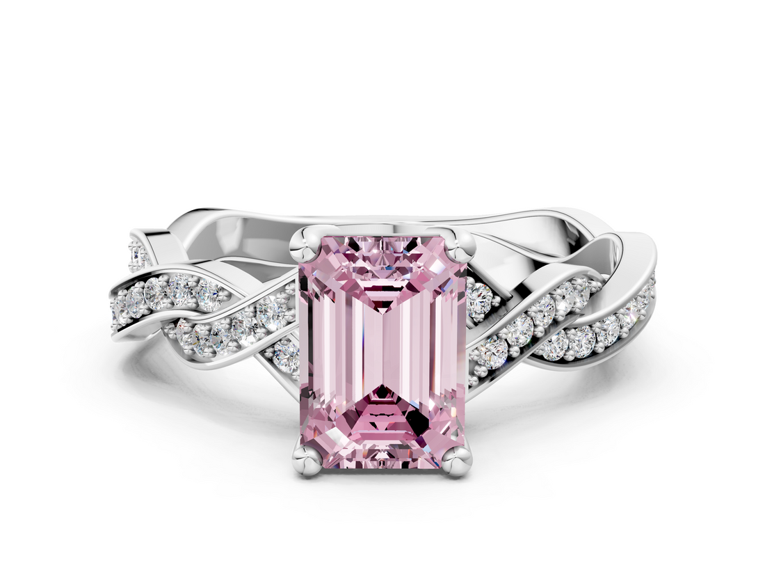 White gold Fancy Pink Emerald  Cut Twisted Pavé Band Solitaire Ring with Four-Prong Setting_55