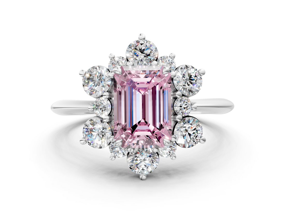 White gold Fancy Pink Emerald  Diamond Cluster Halo Ring with Solitaire Band and Four-Prong Setting_20