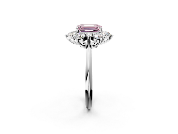 White gold Fancy Pink Emerald  Diamond Cluster Halo Ring with Solitaire Band and Four-Prong Setting