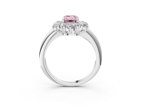 White gold Fancy Pink Emerald  Diamond Cluster Halo Ring with Solitaire Band and Four-Prong Setting