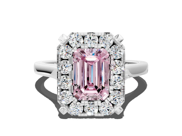 Platinum Fancy Pink Emerald  Diamond Cluster Halo Solitaire with Four-Prong Setting