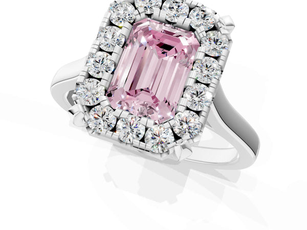 Platinum Fancy Pink Emerald  Diamond Cluster Halo Solitaire with Four-Prong Setting