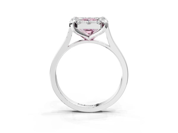 Platinum Fancy Pink Emerald  Diamond Cluster Halo Solitaire with Four-Prong Setting