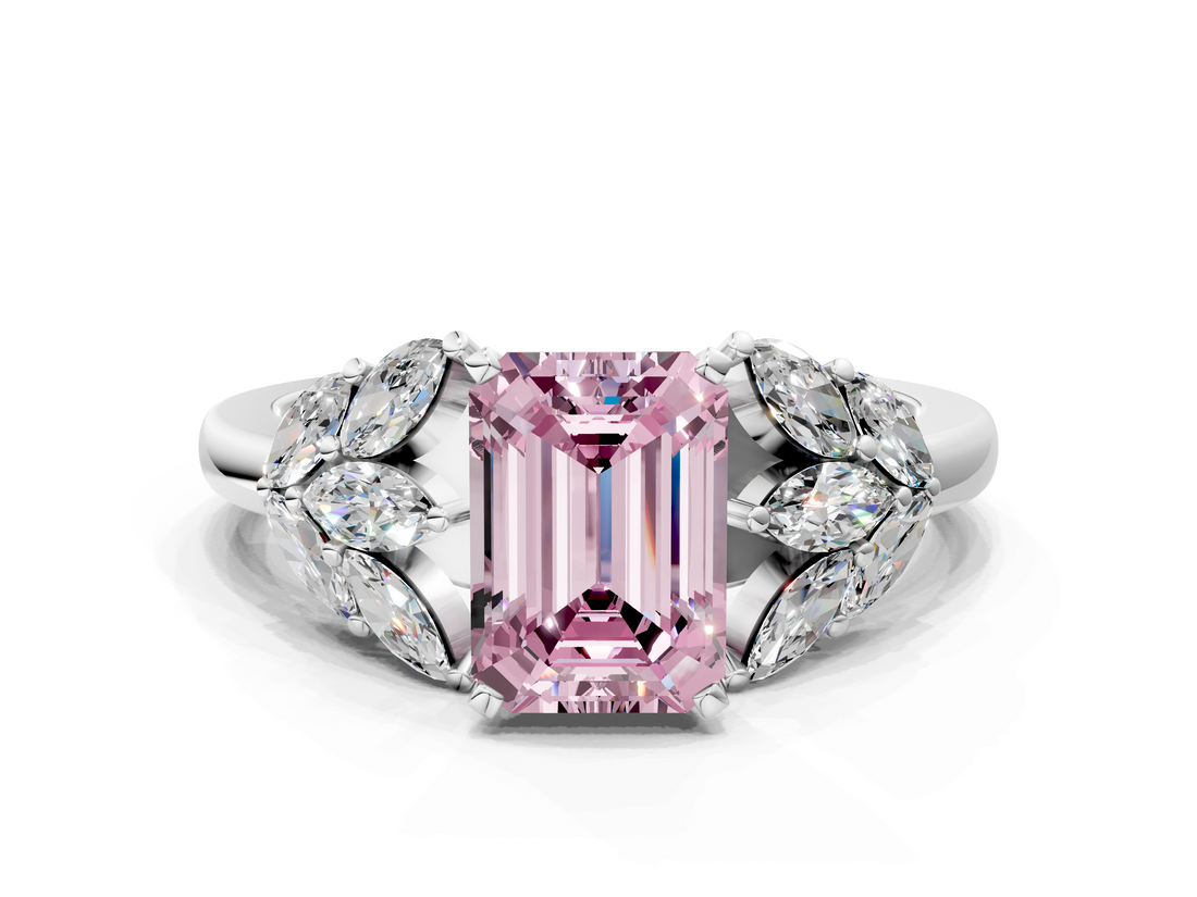 White gold Fancy Pink Emerald  Diamond Cluster Leaf Design Ring with Prong Setting_53