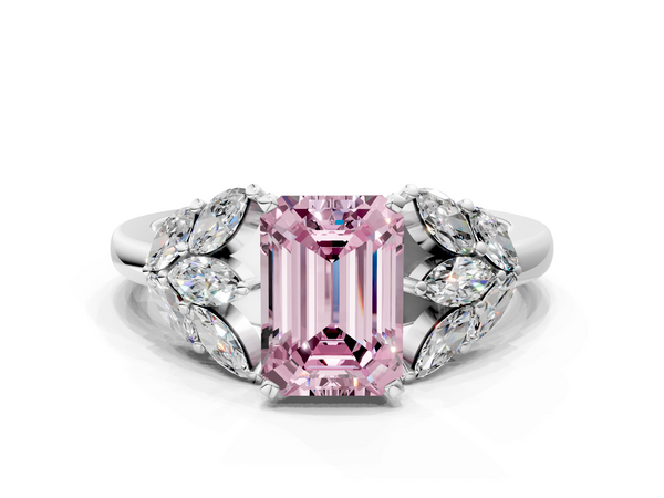 White gold Fancy Pink Emerald  Diamond Cluster Leaf Design Ring with Prong Setting