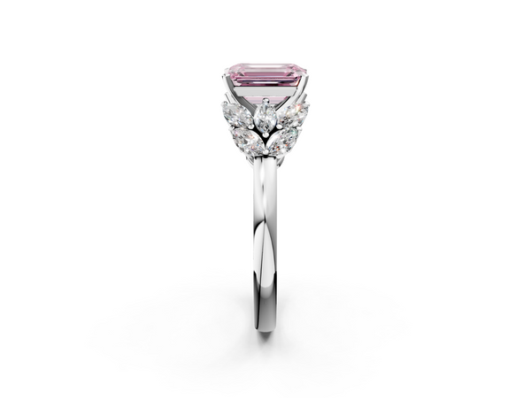 White gold Fancy Pink Emerald  Diamond Cluster Leaf Design Ring with Prong Setting
