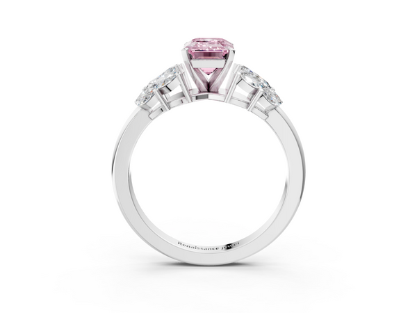White gold Fancy Pink Emerald  Diamond Cluster Leaf Design Ring with Prong Setting