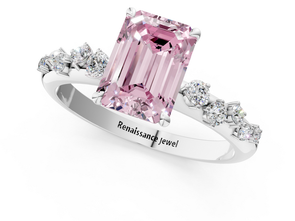 White gold Fancy Pink Emerald  Diamond Cluster Prong-Set Solitaire Ring