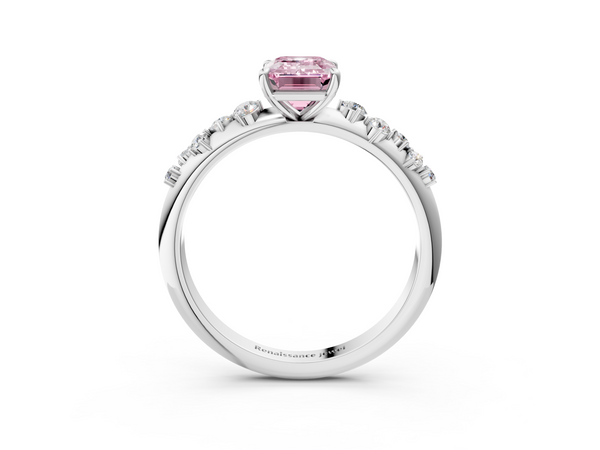 White gold Fancy Pink Emerald  Diamond Cluster Prong-Set Solitaire Ring