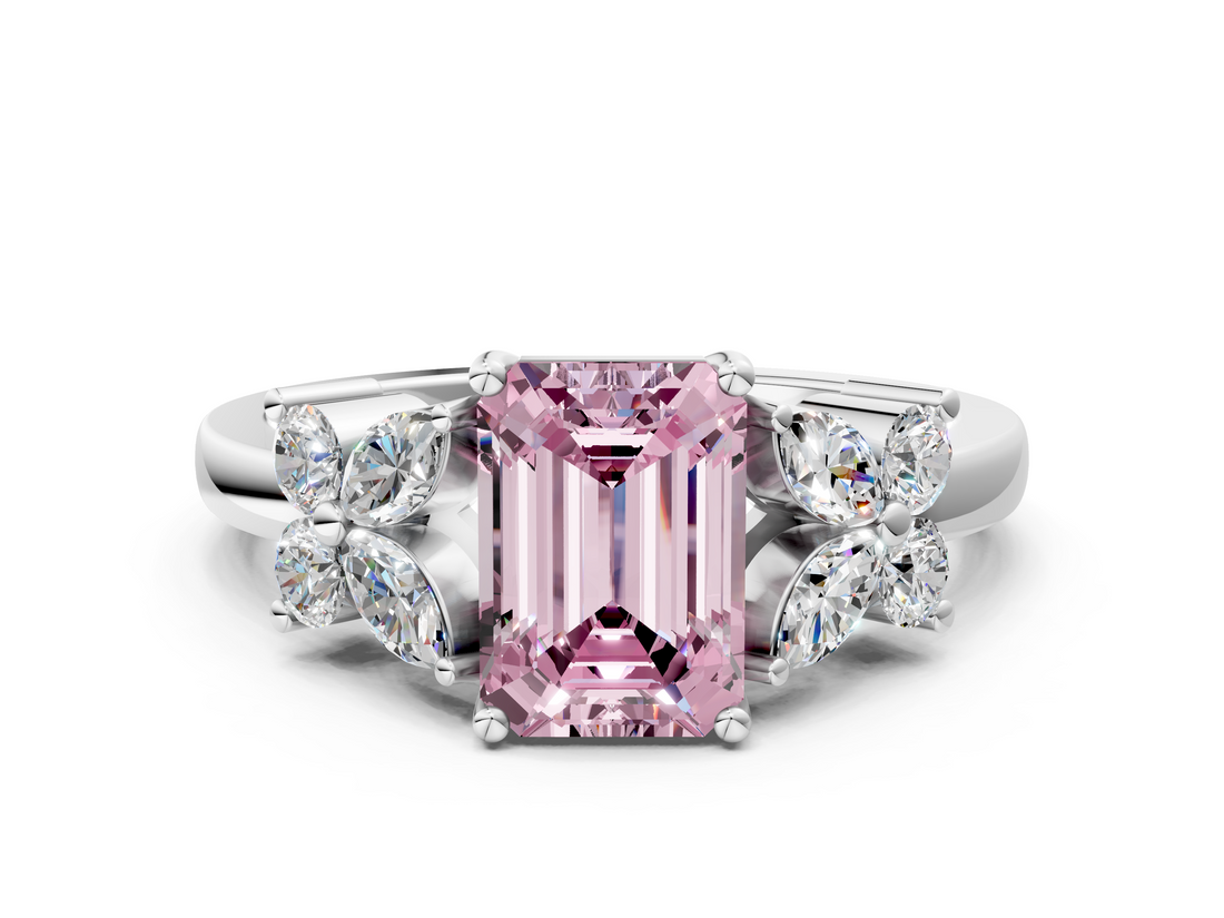 White gold Fancy Pink Emerald  Diamond Floral Cluster Ring with Solitaire Band and Prong Setting_25