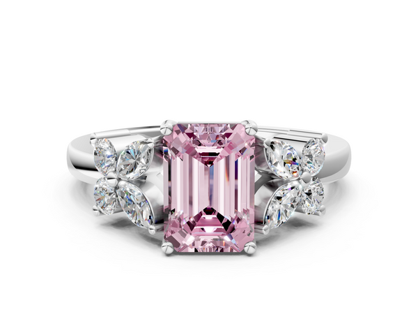 White gold Fancy Pink Emerald  Diamond Floral Cluster Ring with Solitaire Band and Prong Setting
