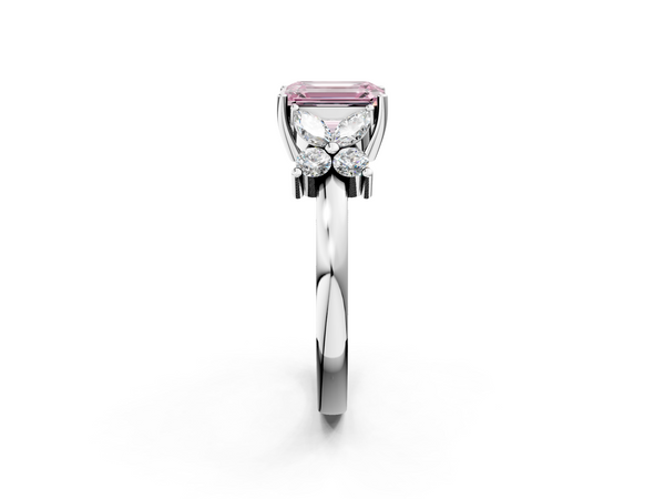 White gold Fancy Pink Emerald  Diamond Floral Cluster Ring with Solitaire Band and Prong Setting