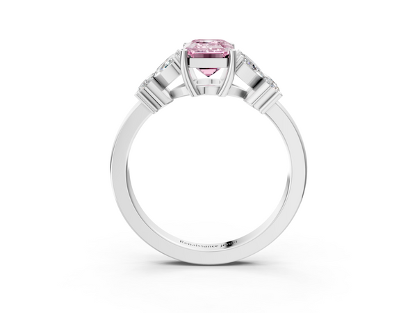 White gold Fancy Pink Emerald  Diamond Floral Cluster Ring with Solitaire Band and Prong Setting