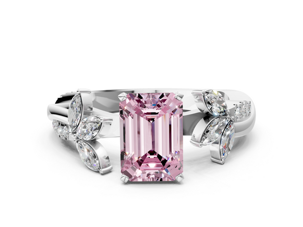 Platinum Fancy Pink Emerald  Diamond Floral Vine Solitaire Engagement Ring