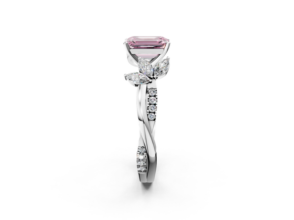 Platinum Fancy Pink Emerald  Diamond Floral Vine Solitaire Engagement Ring
