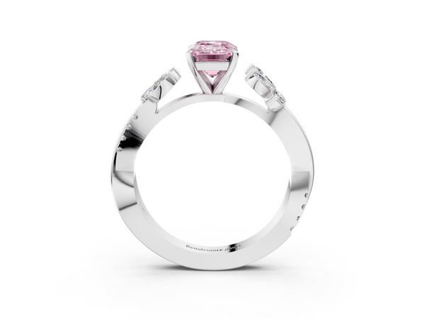 Platinum Fancy Pink Emerald  Diamond Floral Vine Solitaire Engagement Ring