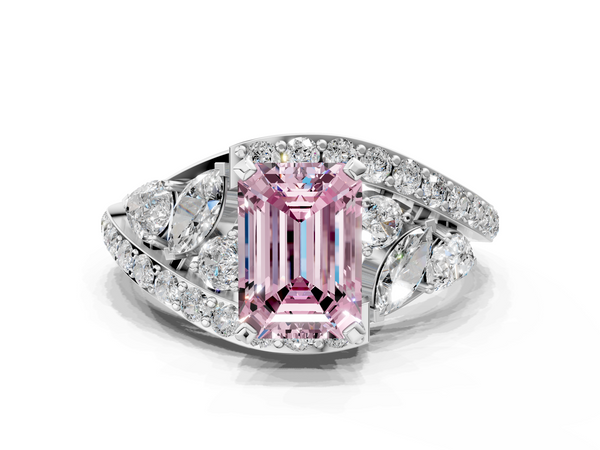 White gold Fancy Pink Emerald  Diamond Halo Ring with Marquise and Pavé Band in Prong Setting