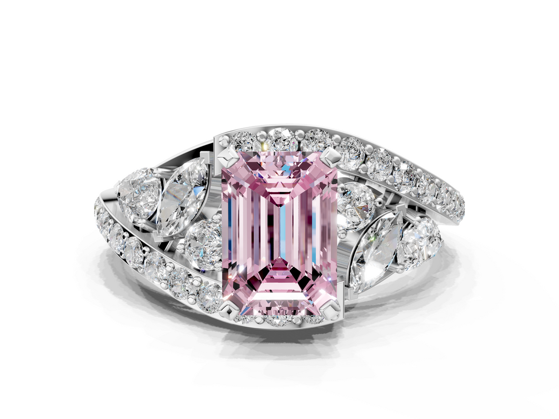 White gold Fancy Pink Emerald  Diamond Halo Ring with Marquise and Pavé Band in Prong Setting_69