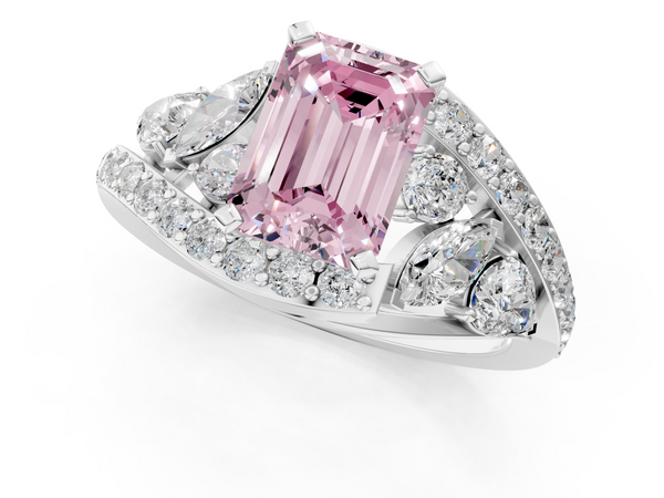 White gold Fancy Pink Emerald  Diamond Halo Ring with Marquise and Pavé Band in Prong Setting
