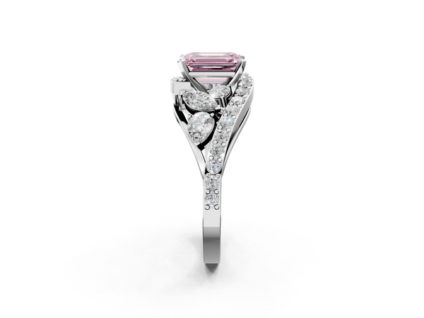 White gold Fancy Pink Emerald  Diamond Halo Ring with Marquise and Pavé Band in Prong Setting